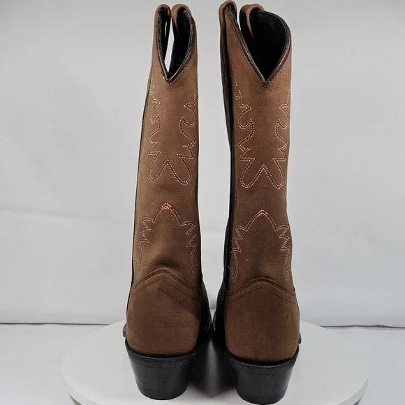 Western Cowboy Boots Women Brown Suede Pink Stitching Heel Round Toe New - Picture 3 of 8